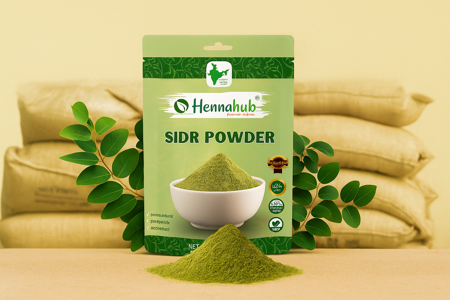 Fine Sidr powder in bowl with fresh green Sidr leaves