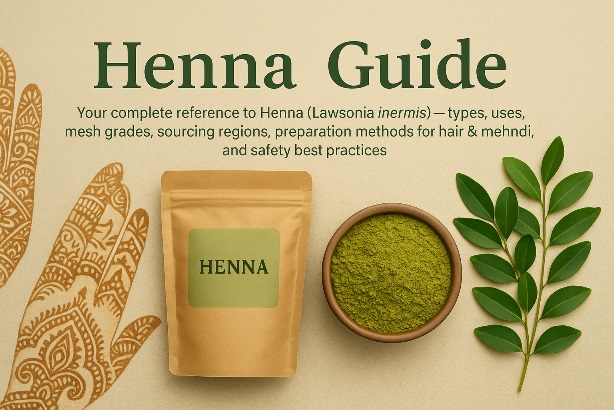 Henna leaves and fine powder in bowls