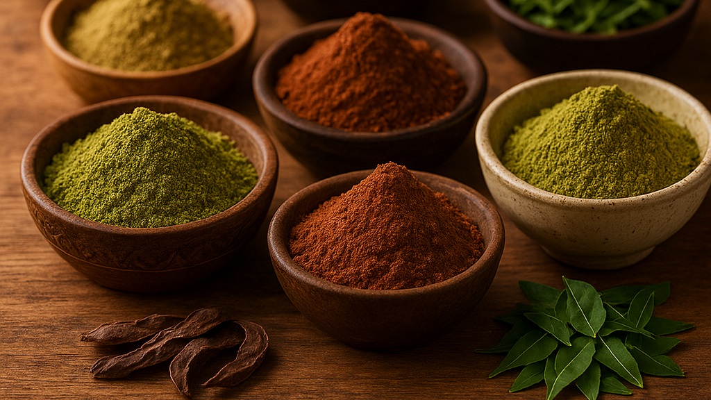 Assorted herbal powders and leaves in bowls