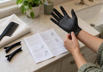 Preparing gloves and hair-coloring tools.